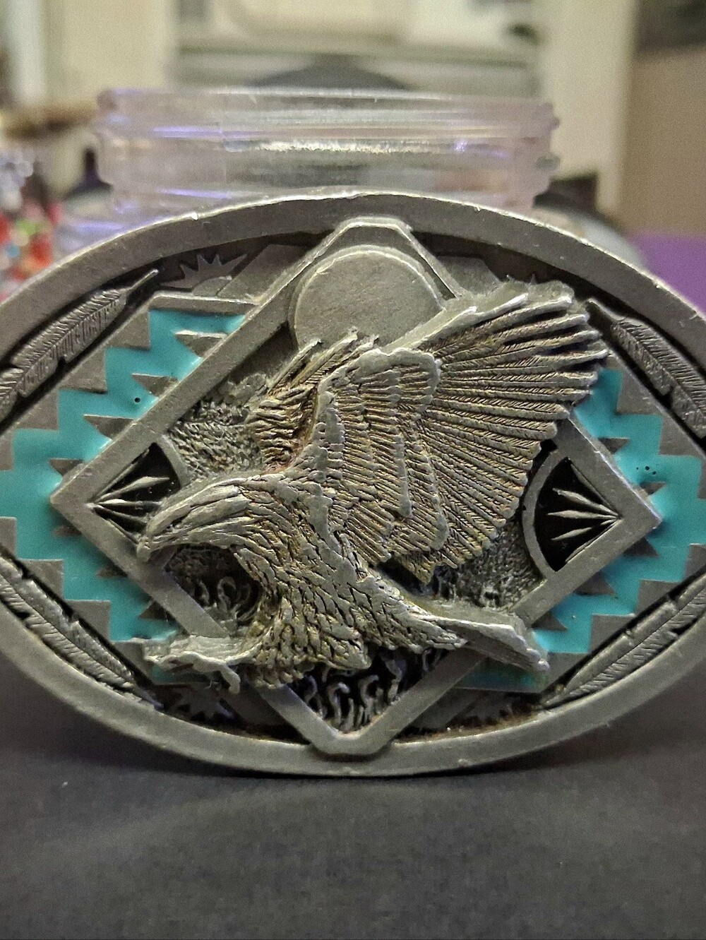 ​Vintage Bergamot Pewter Belt Buckle Soaring Eagle Turquoise Enamel USA Q-256